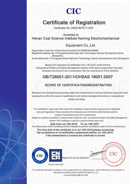 China Henan Coal Science Research Institute Keming Mechanical and Electrical Equipment Co. , Ltd. Certificações